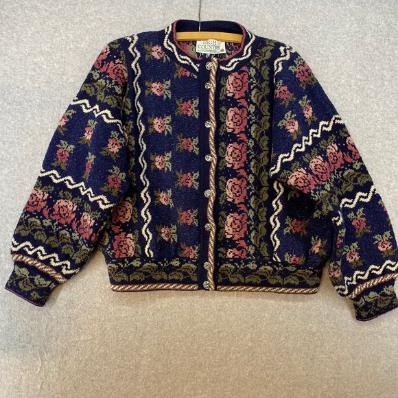 VIntage 46" Bust High Country New Zealand Wool Cardigan Floral Pattern Blue Pink - Picture 1 of 7